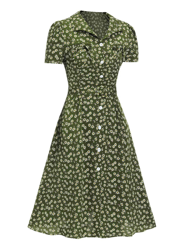 Robe marguerite à boutons revers rouge des années 1950
