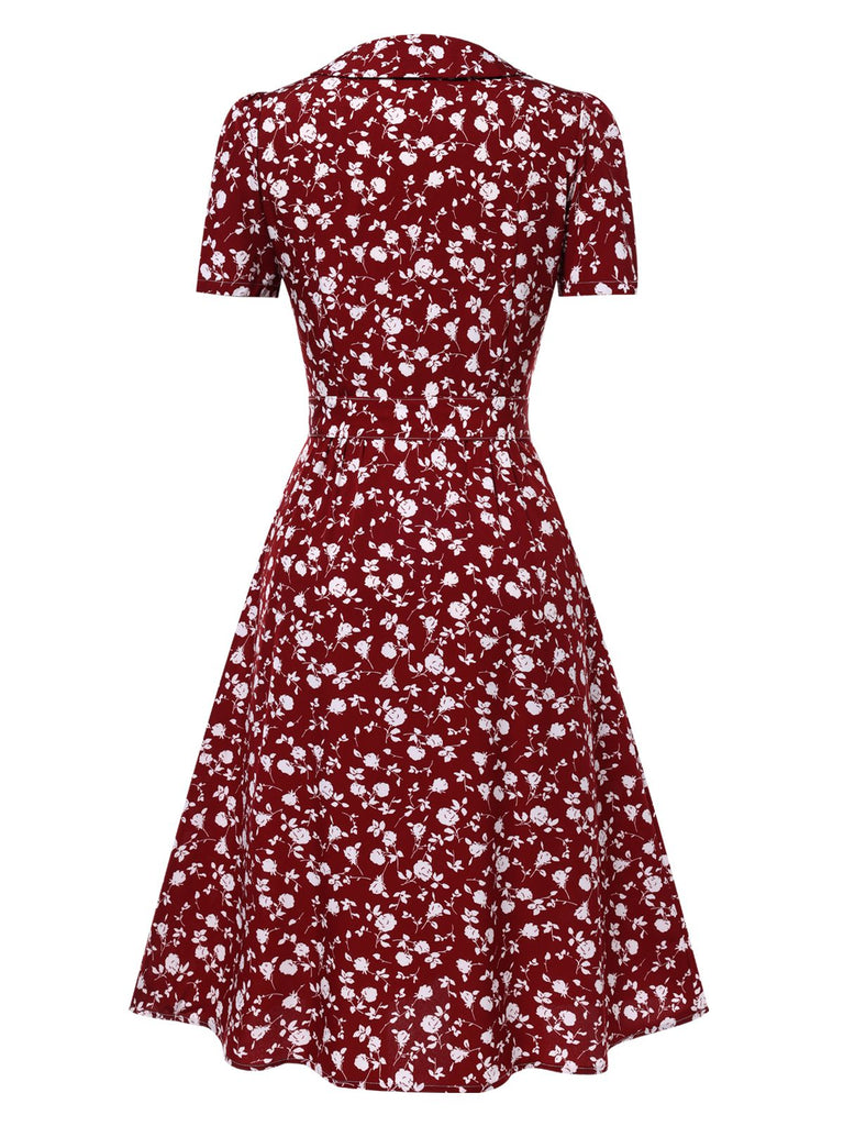 Robe marguerite à boutons revers vert des années 1950