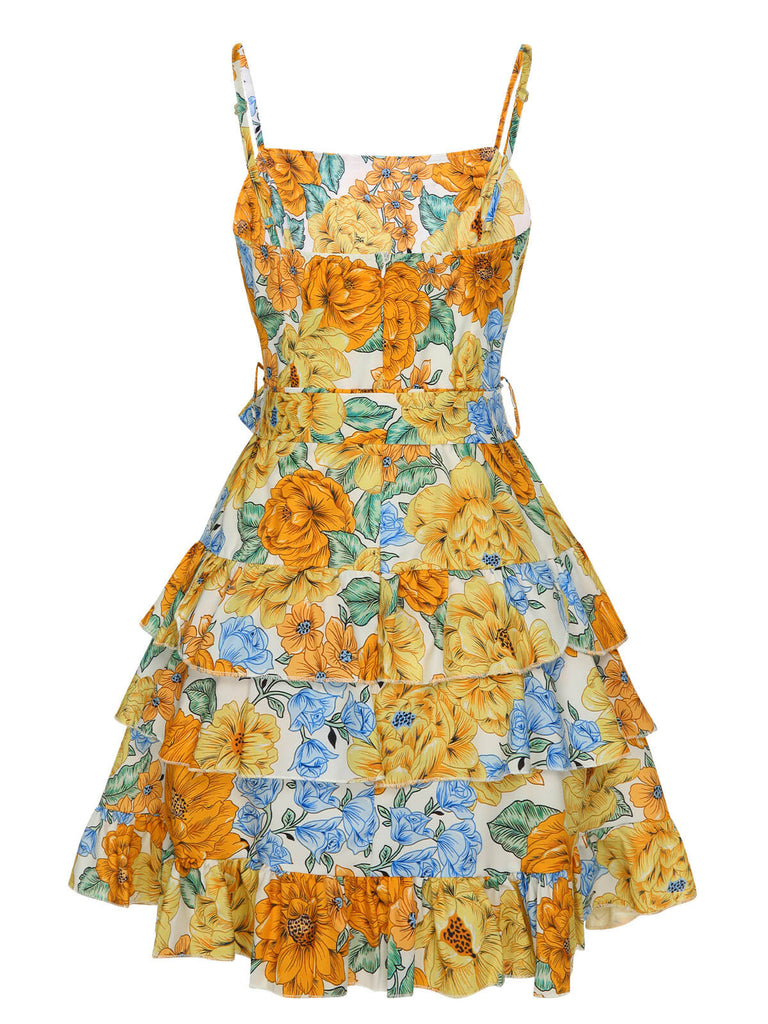 Robe à bretelles superposées à motif floral multicolore des années 1950