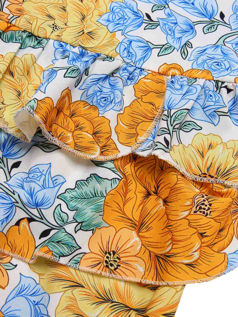 Robe à bretelles superposées à motif floral multicolore des années 1950