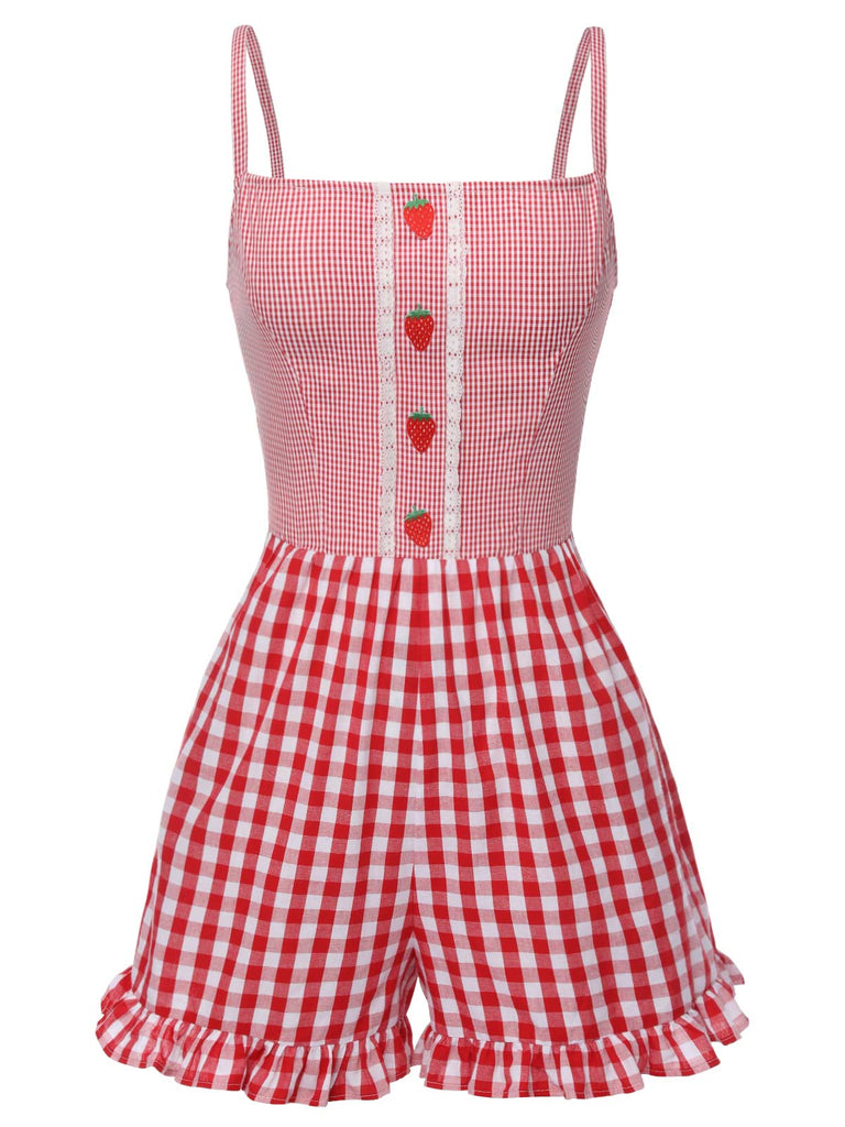 Combishort à bretelles à carreaux rouges des années 1950