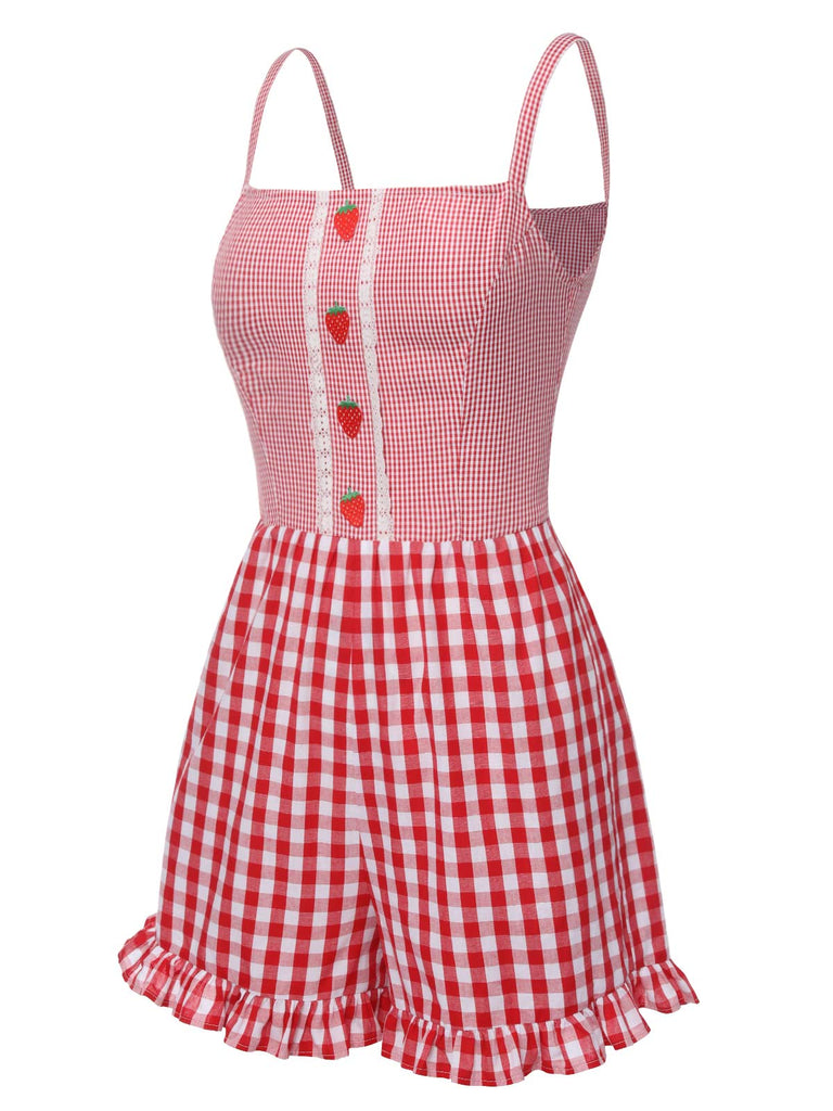 Combishort à bretelles à carreaux rouges des années 1950