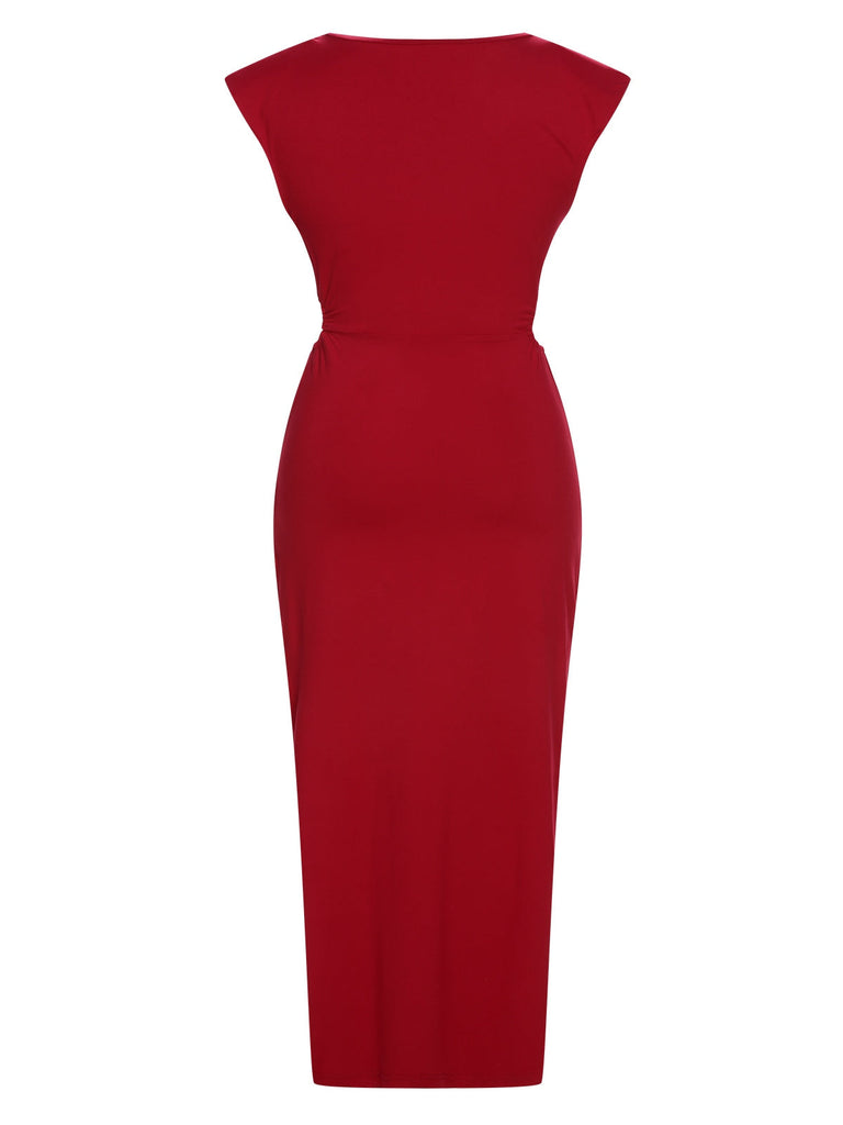 Robe rouge unie à découpes et fentes torsadées des années 1960