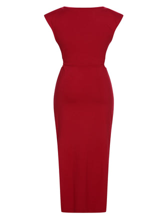 Robe rouge unie à découpes et fentes torsadées des années 1960