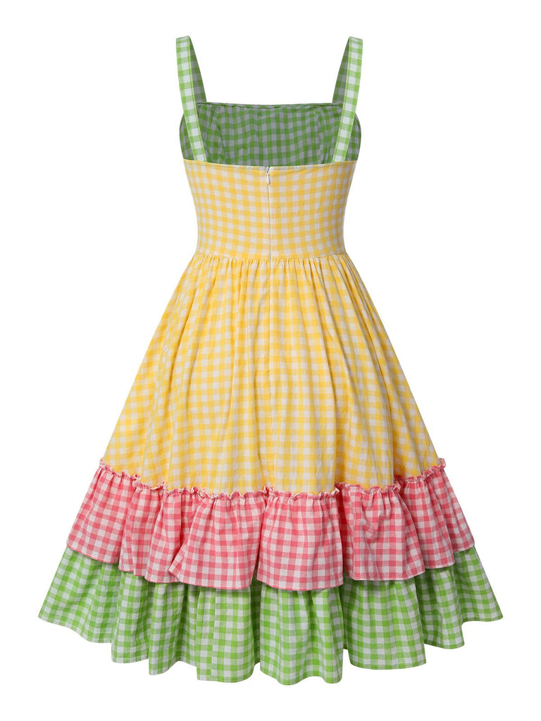 Robe à carreaux bloc de couleur coton à bretelles spaghetti des années 1950