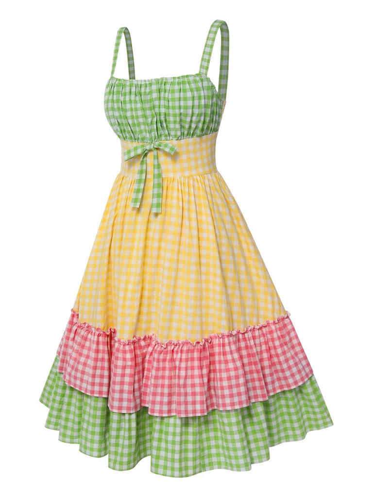 Robe à carreaux bloc de couleur coton à bretelles spaghetti des années 1950