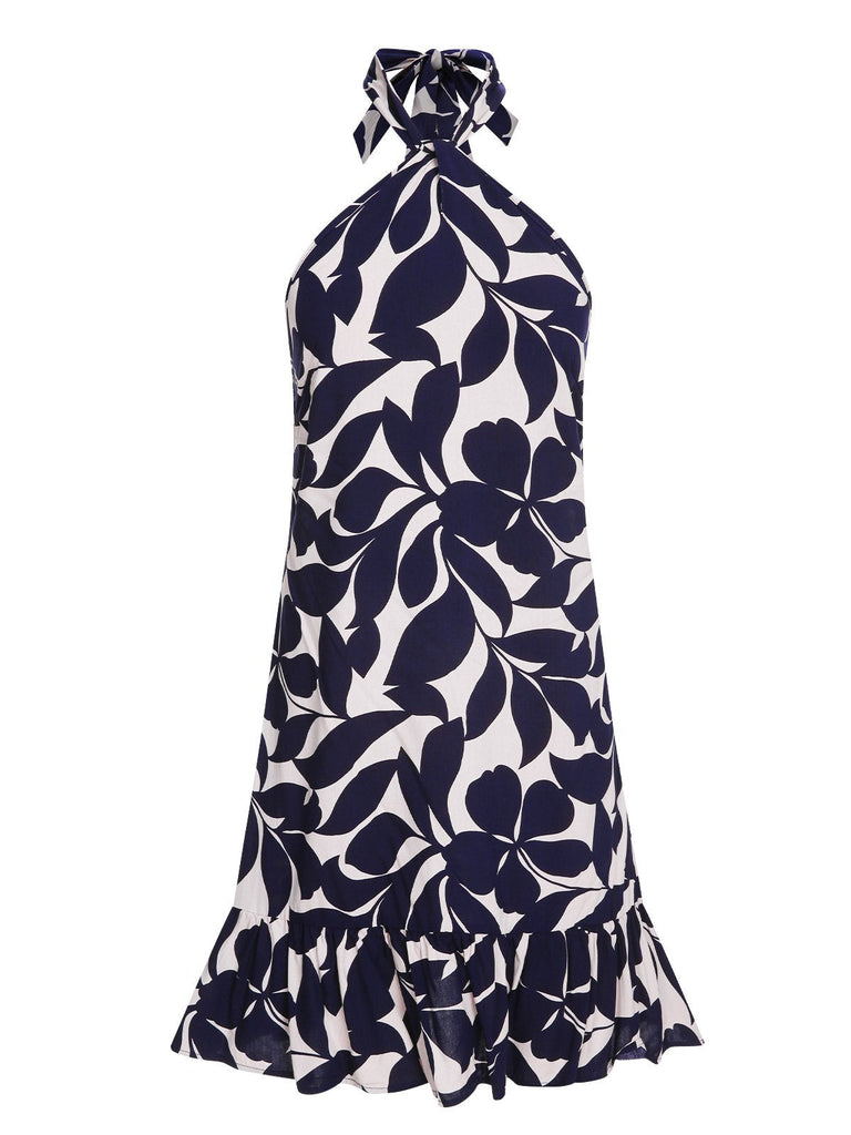 Robe fleurie dos nu bleu foncé des années 40