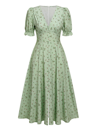 Robe verte à col en V et manches lanternes fleuries des années 1940