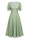 Robe verte à col en V et manches lanternes fleuries des années 1940