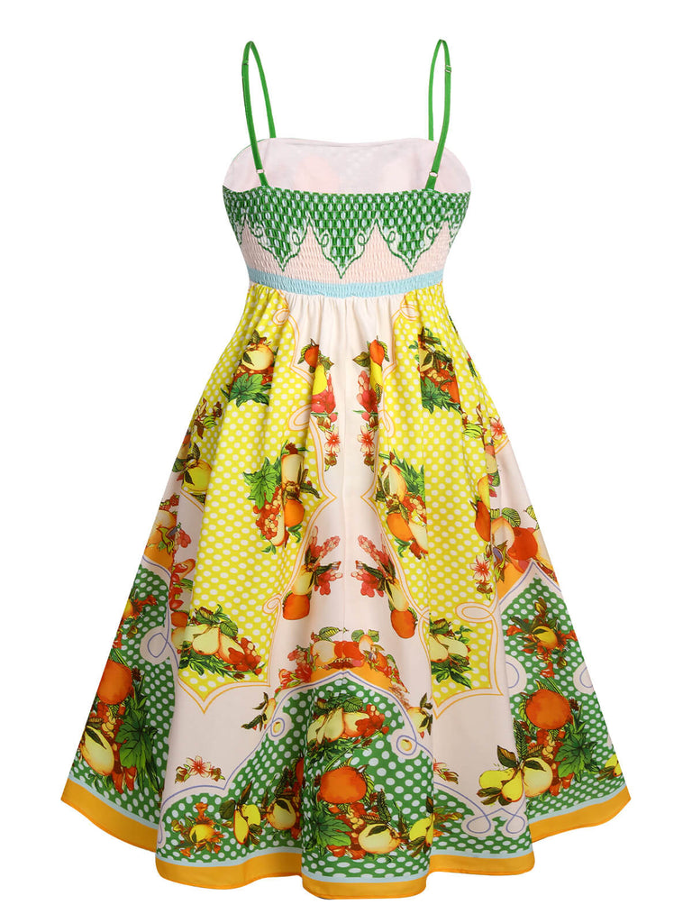 Robe mi-longue multicolore à imprimé citrons des années 40