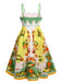 Robe mi-longue multicolore à imprimé citrons des années 40