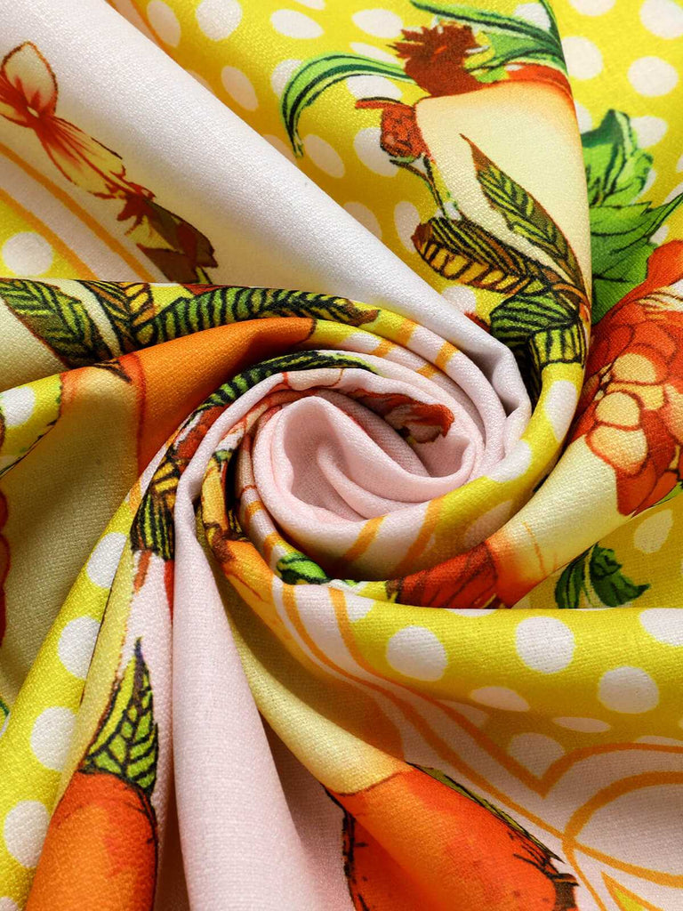 Robe mi-longue multicolore à imprimé citrons des années 40