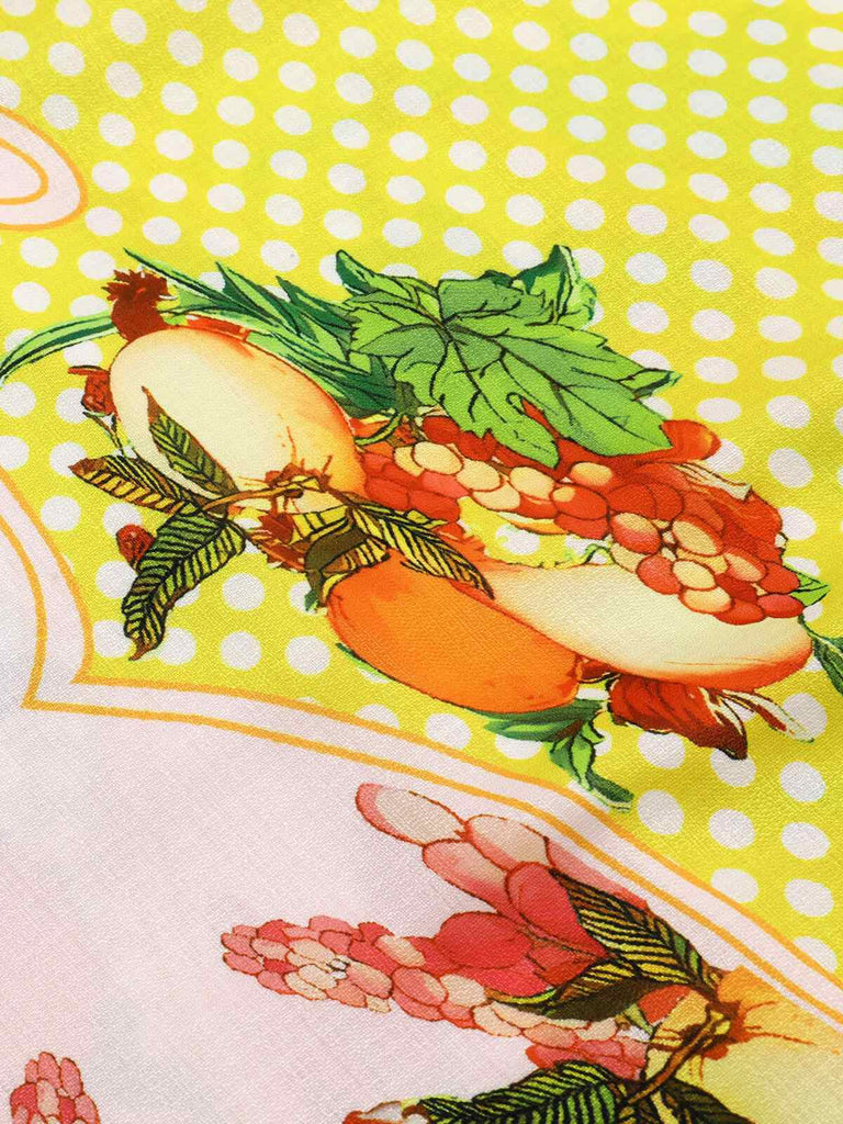 Robe mi-longue multicolore à imprimé citrons des années 40