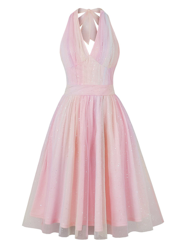 Robe rose à sequins et dos nu en maille des années 1950