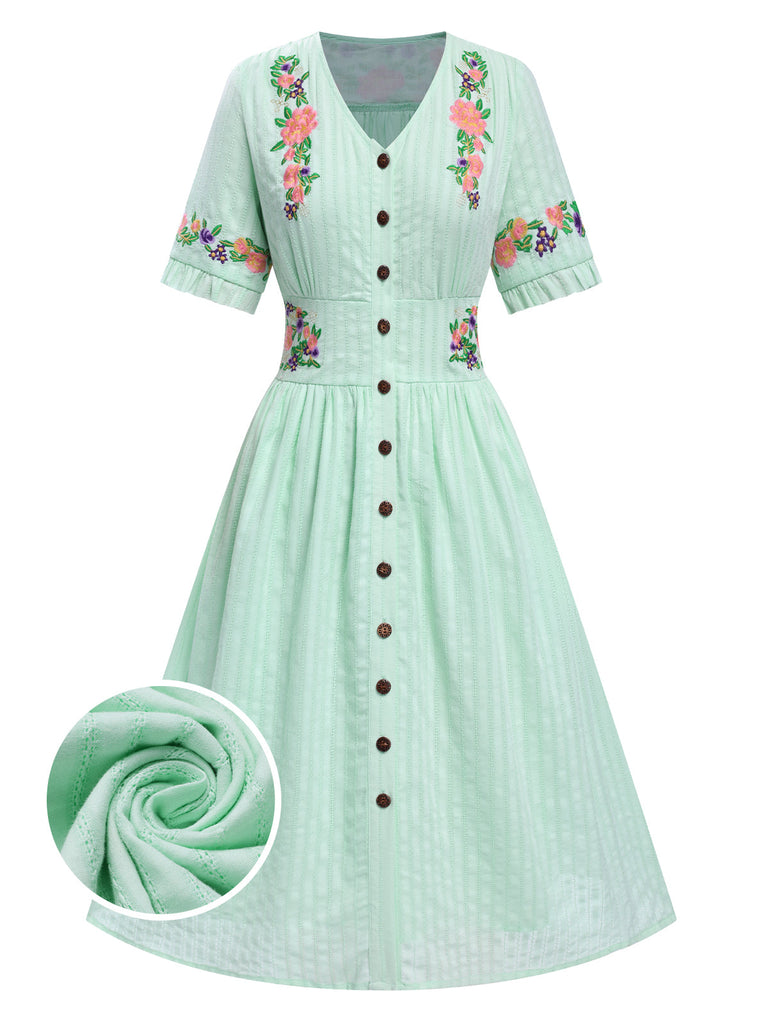 [Prévente] Robe fleurie brodée en coton noire à col en V des années 40