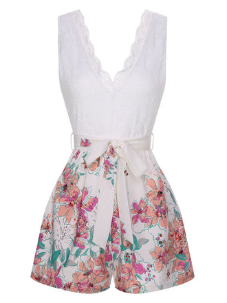 Combishort blanc à col en V en dentelle florale des années 40