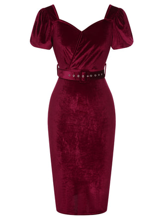 Robe crayon velours avec ceinture unie rouge vin des années 1960