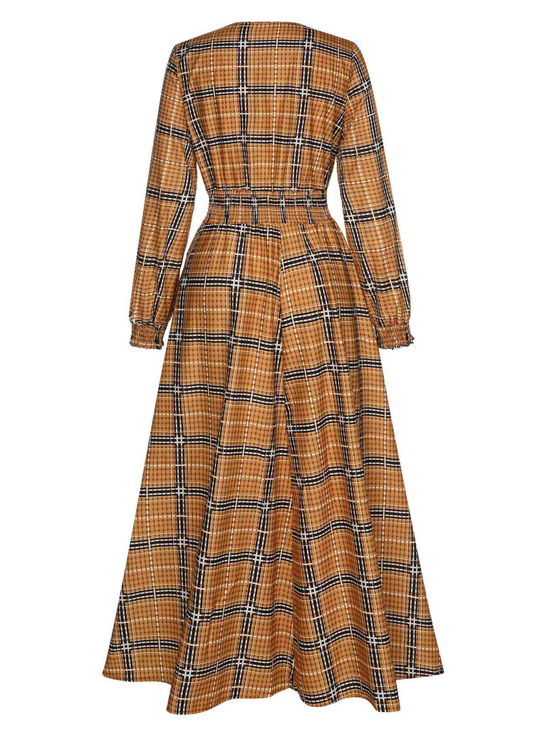 Robe à lacets à smocks à carreaux jaunes des années 40