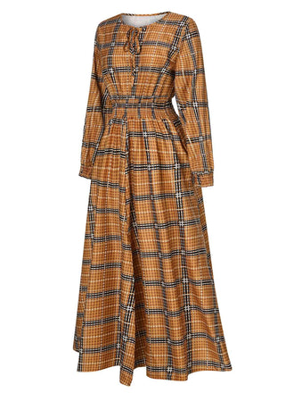 Robe à lacets à smocks à carreaux jaunes des années 40