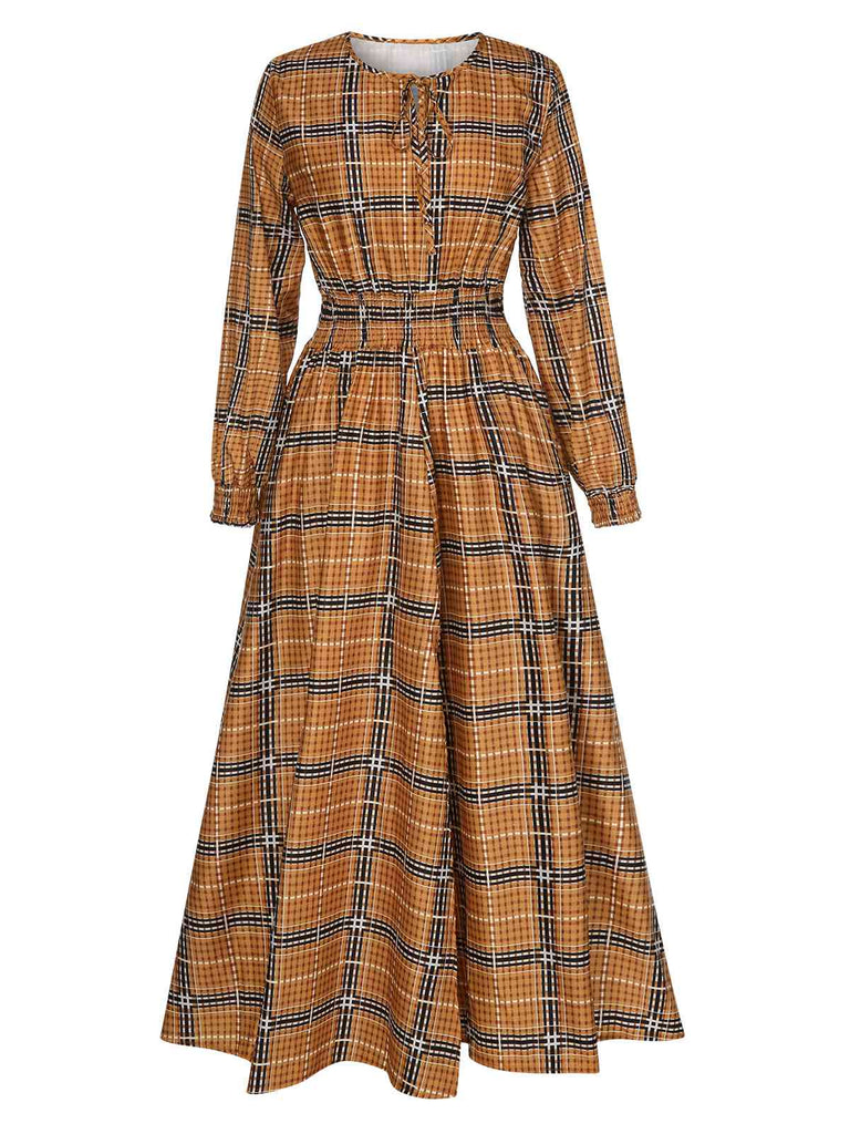 Robe à lacets à smocks à carreaux jaunes des années 40