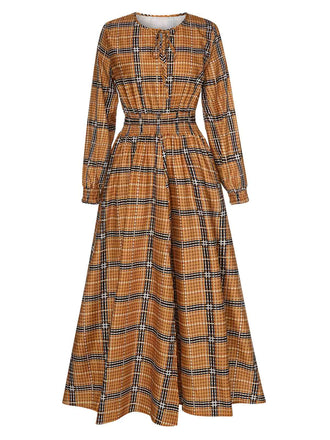 Robe à lacets à smocks à carreaux jaunes des années 40
