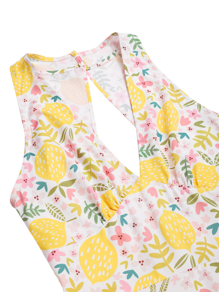 [Prévente] Robe jaune à col en V et motif fleurs des années 1950