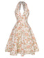 Robe orange à col en V et motif fleurs des années 1950