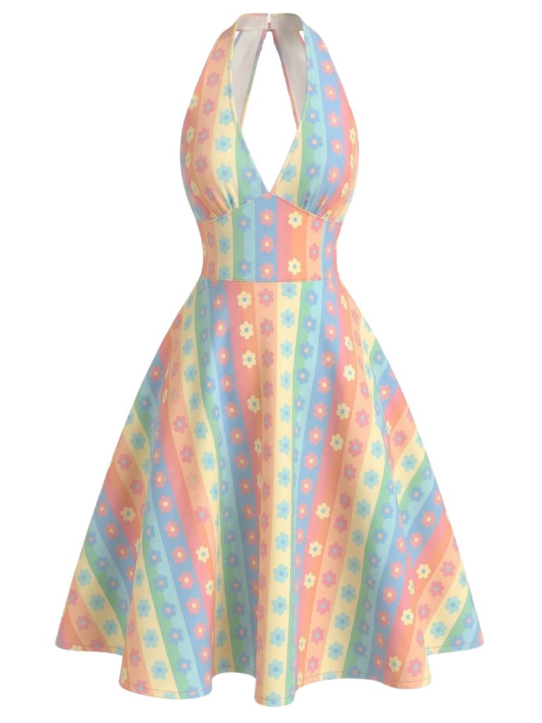 Robe Col V Rayée Florale Arc-en-Ciel Années 1950