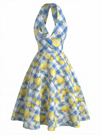 Robe Licou À Col V Imprimé Citrons Années 1950