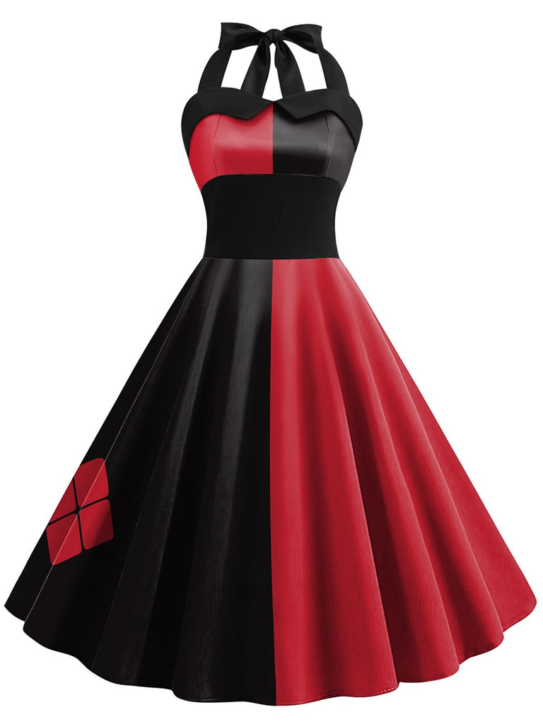 Robe dos nu à blocs de couleurs rouge et noir des années 1950