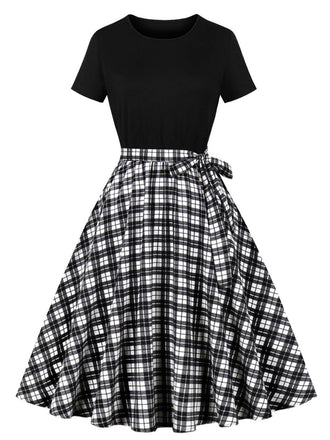 Robe trapèze noire à col ras du cou et patchwork des années 1950