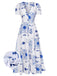 Robe à col en V profond et à motifs de plantes bleues et blanches des années 1930