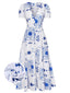 Robe à col en V profond et à motifs de plantes bleues et blanches des années 1930