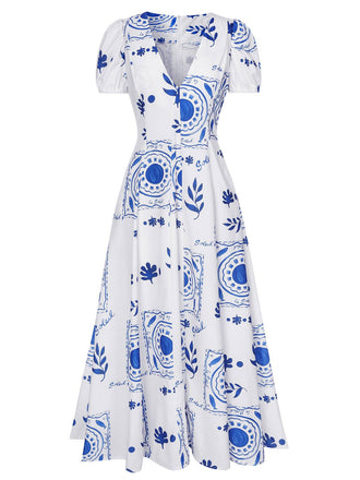 Robe à col en V profond et à motifs de plantes bleues et blanches des années 1930