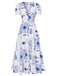 Robe à col en V profond et à motifs de plantes bleues et blanches des années 1930