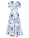 Robe à col en V profond et à motifs de plantes bleues et blanches des années 1930