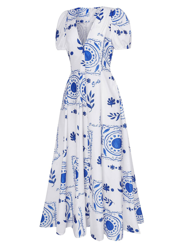 Robe à col en V profond et à motifs de plantes bleues et blanches des années 1930