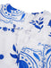 Robe à col en V profond et à motifs de plantes bleues et blanches des années 1930