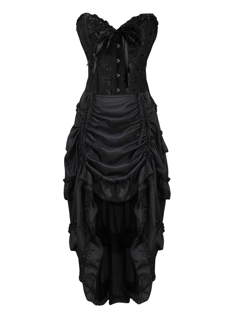 2PCS Corset Dentelle Hors Épaule et Jupe Plissée Ourlet Haut et Bas Steampunk Gothique