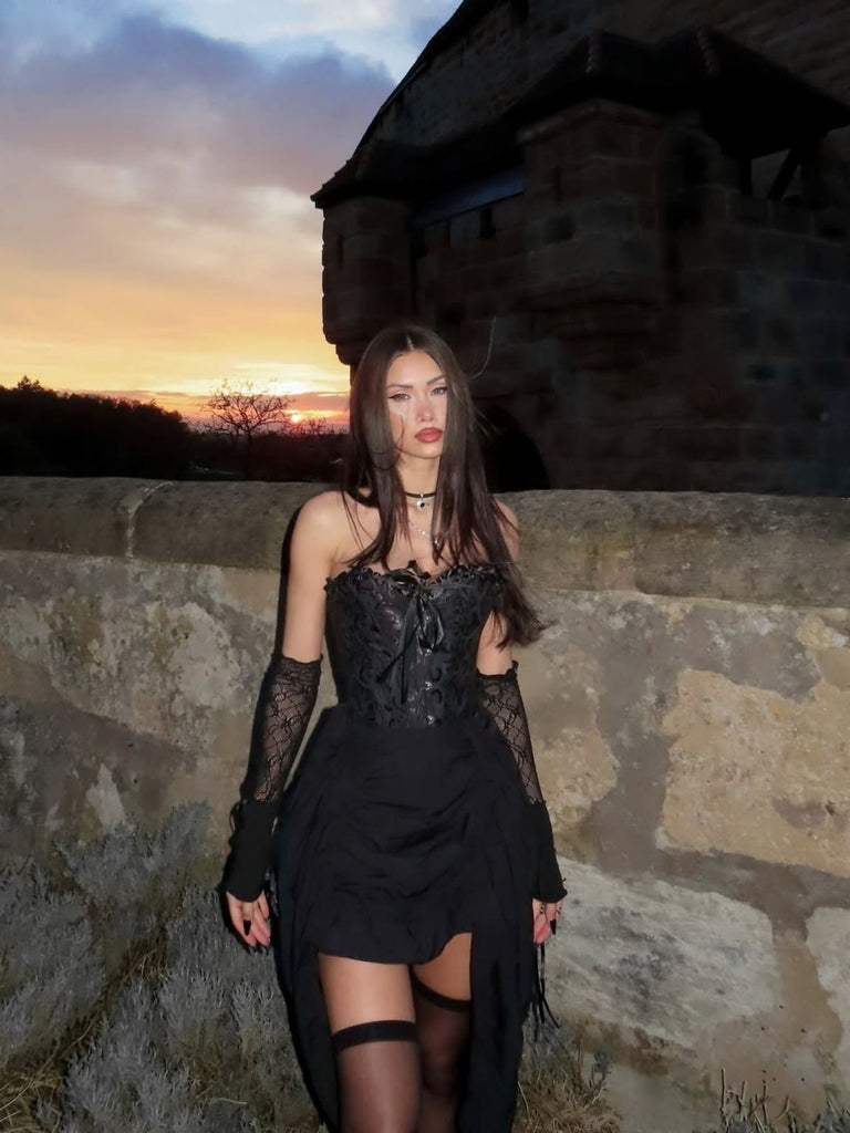 2PCS Corset Dentelle Hors Épaule et Jupe Plissée Ourlet Haut et Bas Steampunk Gothique
