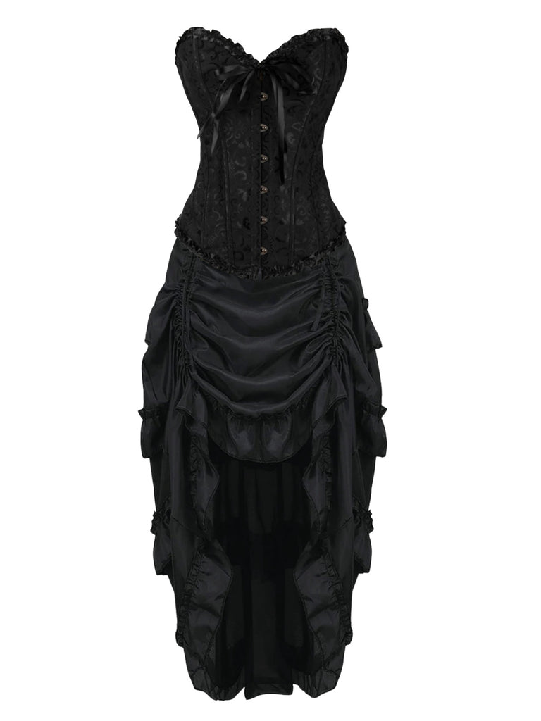 2PCS Corset Dentelle Hors Épaule et Jupe Plissée Ourlet Haut et Bas Steampunk