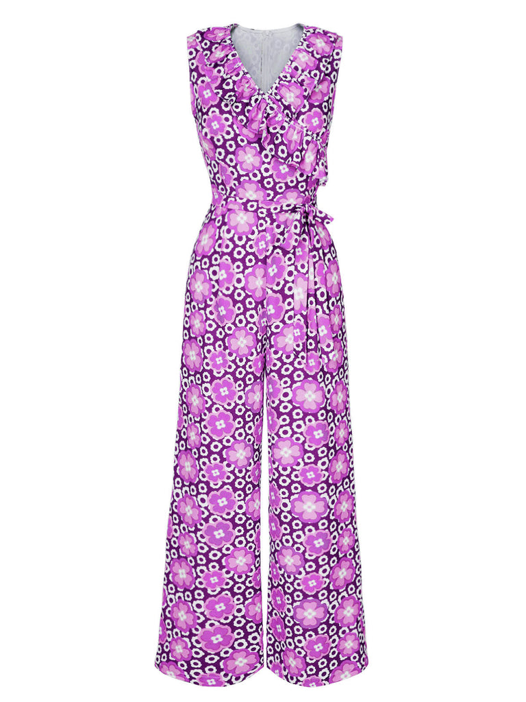 Combinaison sans manches à col en V et ceinture florale des années 1970