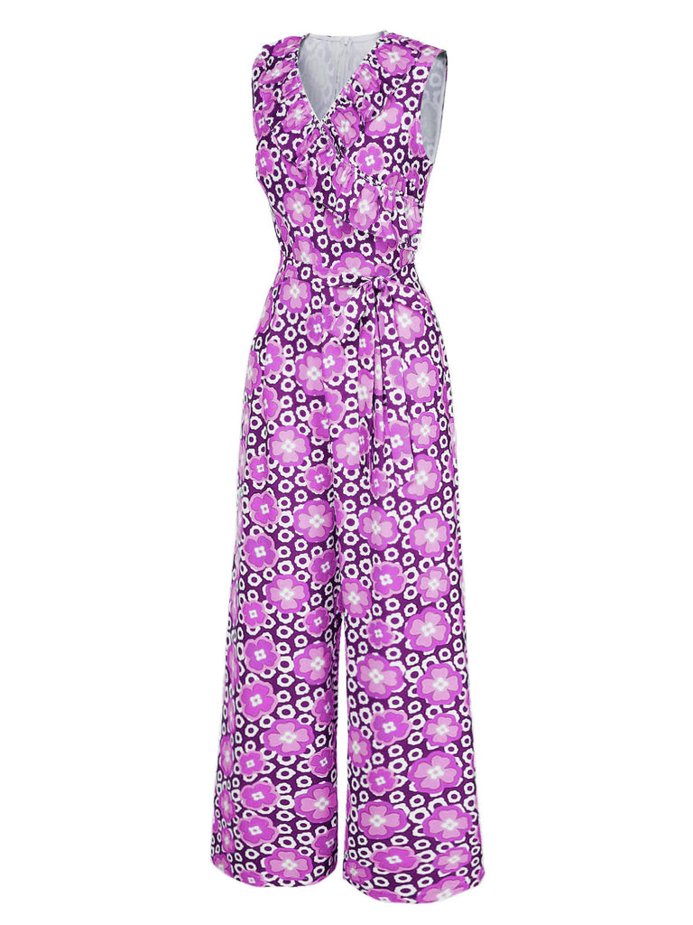 Combinaison sans manches à col en V et ceinture florale des années 1970