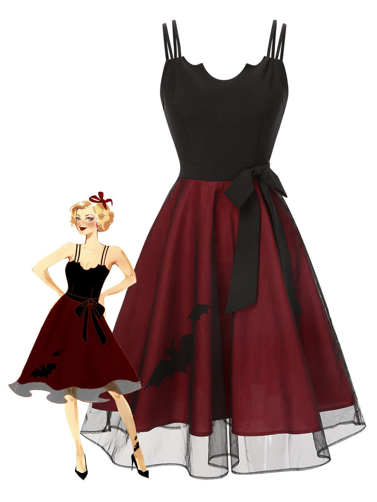 Robe en maille noire et rouge chauve-souris des années 1950