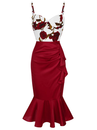 [Prévente] Robe sirène rouge à bretelles spaghetti et roses des années 1930