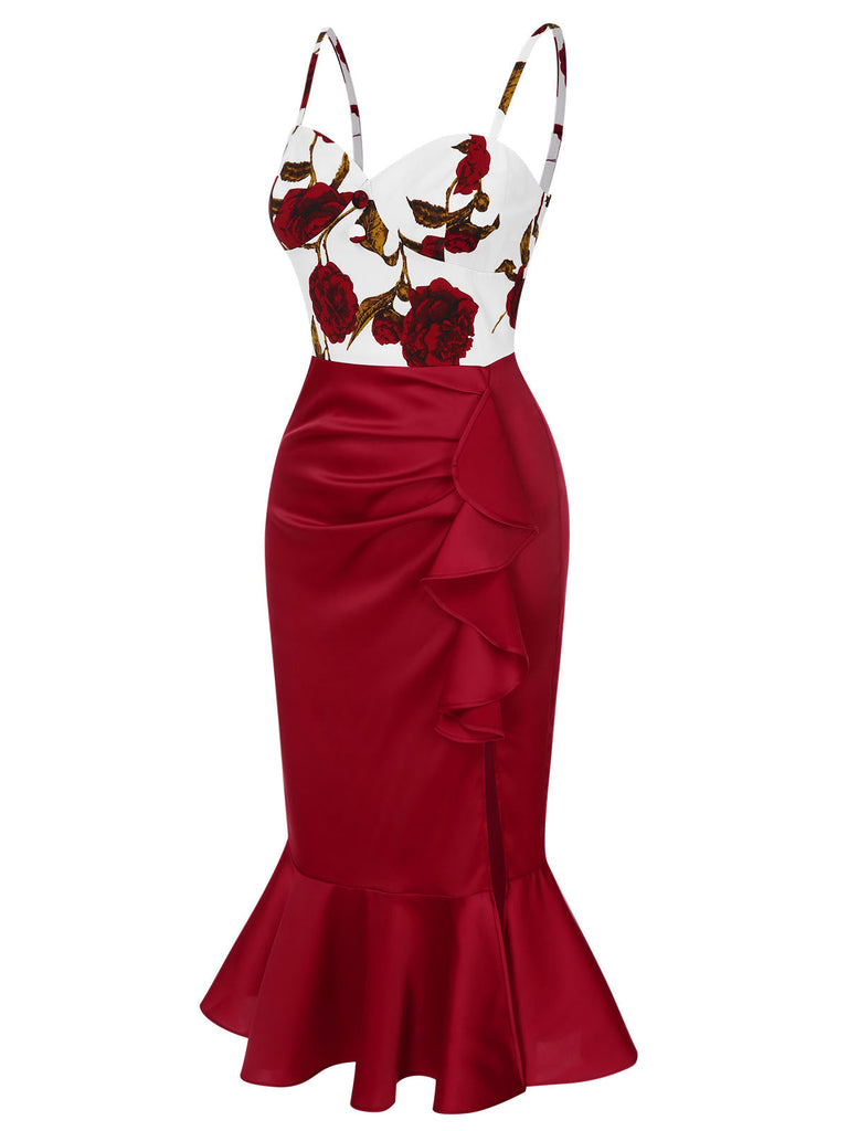[Prévente] Robe sirène rouge à bretelles spaghetti et roses des années 1930