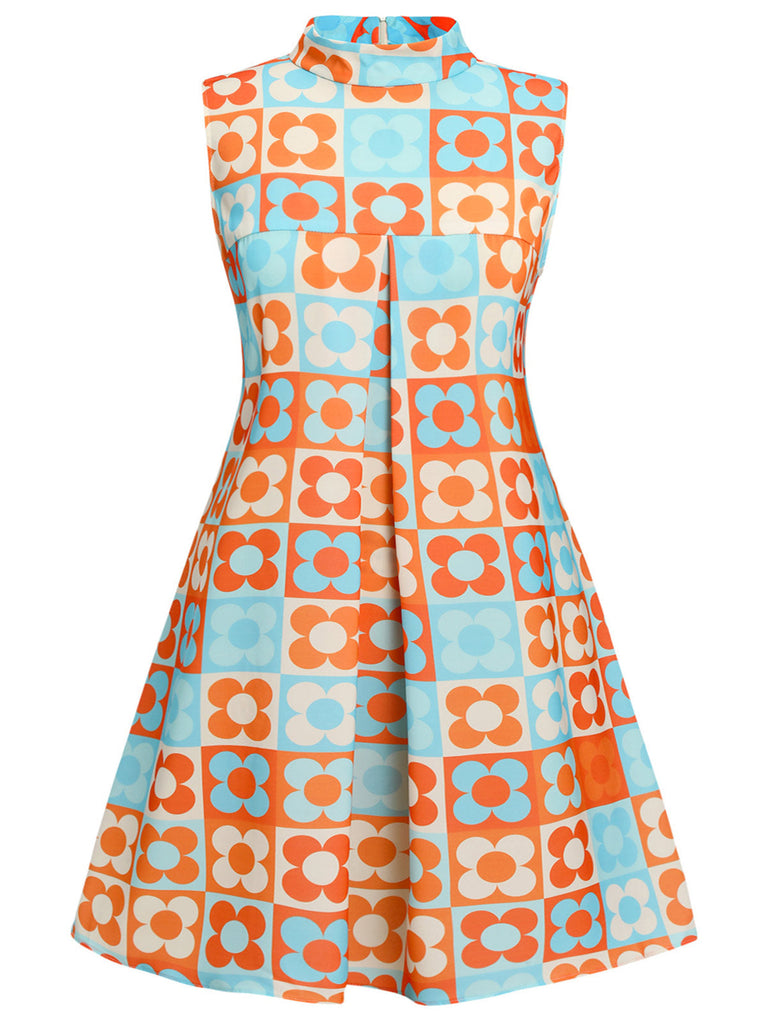 [Grande taille] Robe à col montant fleurie orange et bleue des années 1960