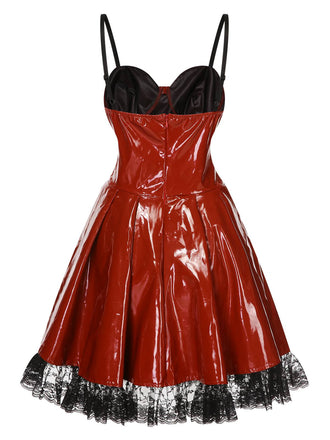 Robe à bretelles rouge à lacets brillants style steampunk des années 1970