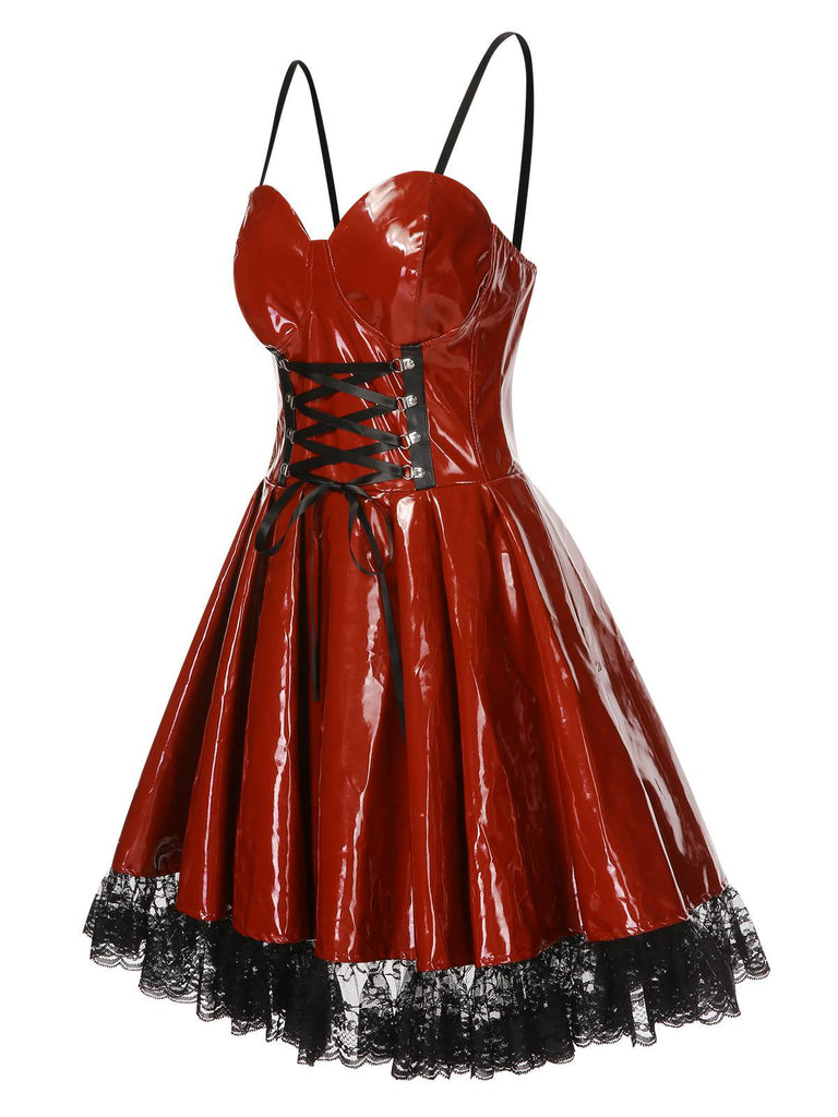 Robe à bretelles rouge à lacets brillants style steampunk des années 1970