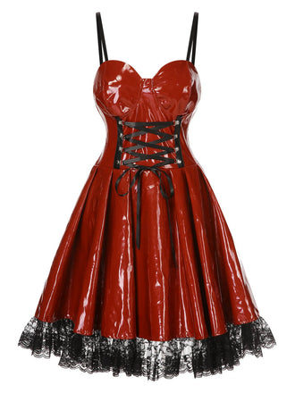 Robe à bretelles rouge à lacets brillants style steampunk des années 1970